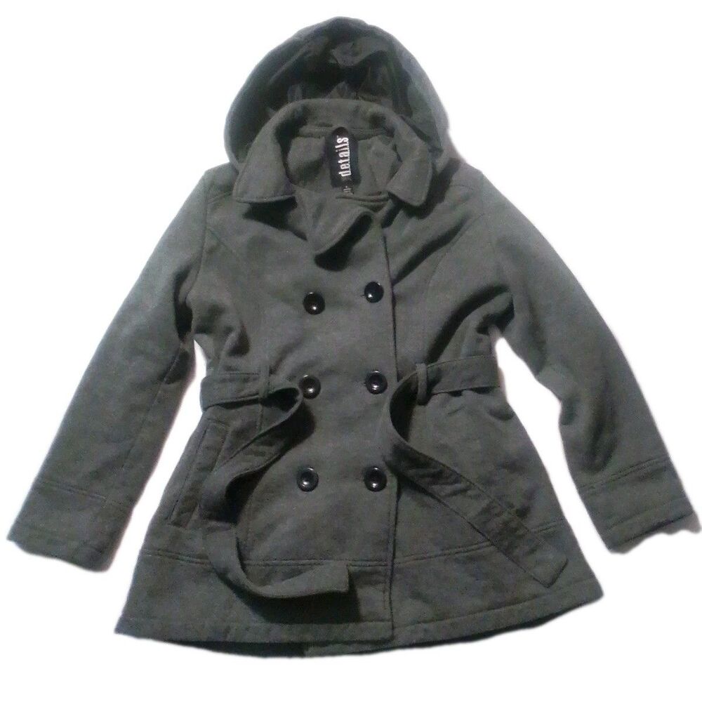 Details Intl Coat Large Gray Women's Twill Tie Waist Fitted Petty Adult Button